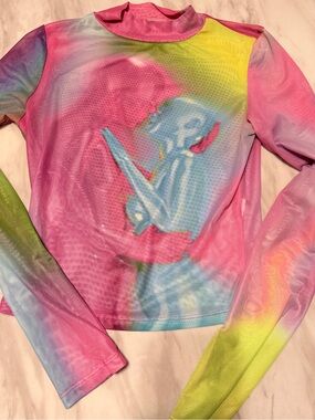 SHEIN Rainbow Mesh Long Sleeve Top - Pink, Yellow, Blue